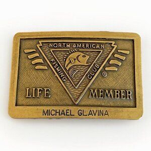 Life Member North American Fishing Club Brass Belt Buckle Vintage Personalized